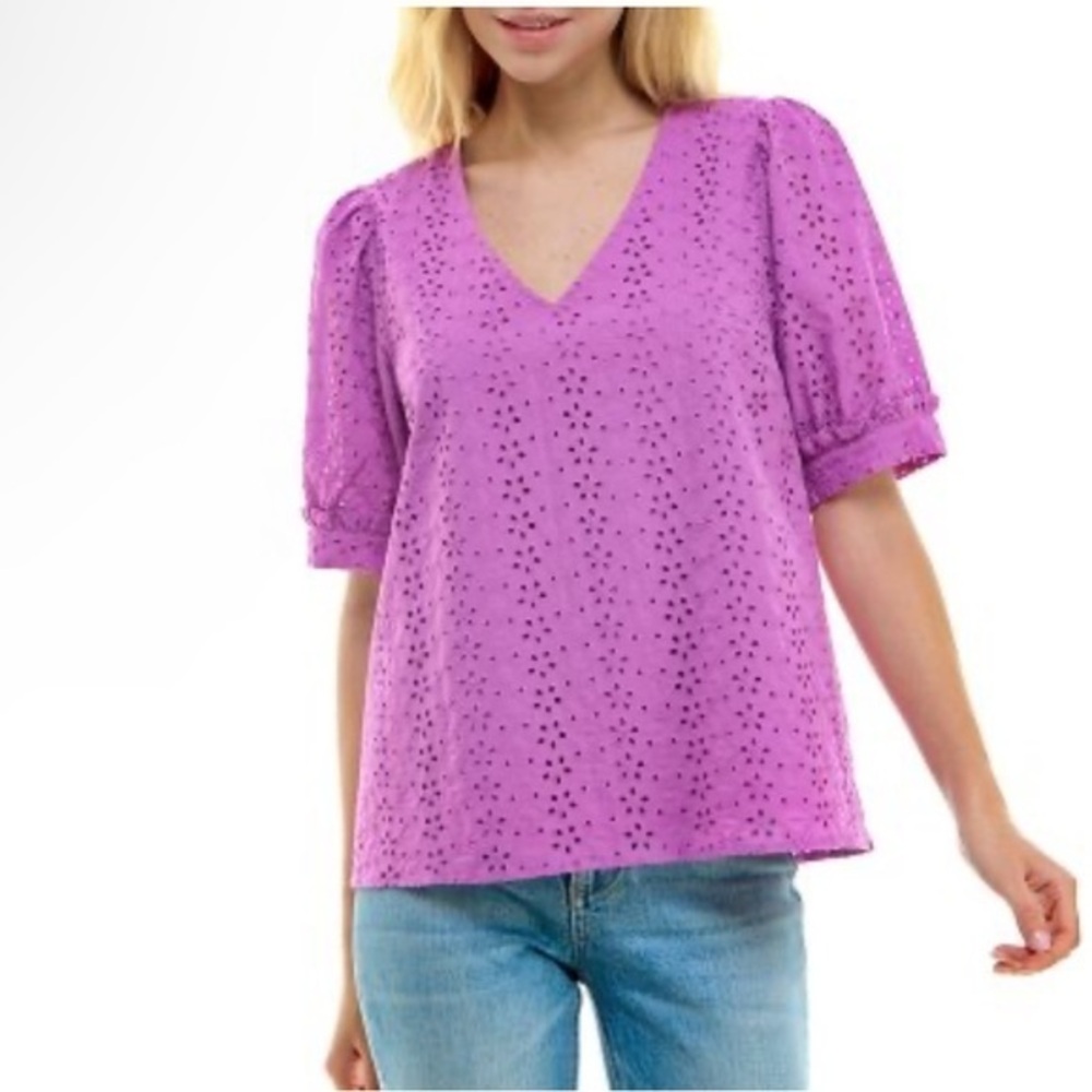 GUC Draper James Purple Eyelet Short Sleeve Top
